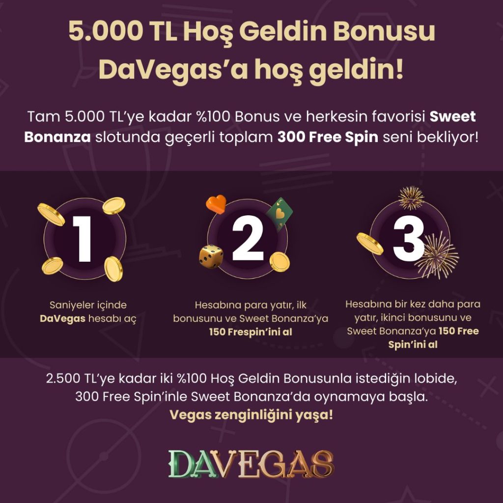 Davegas ile 5000 TRY'e kadar 100% para yatırma bonusu ve 300 Free spin seni bekliyor!